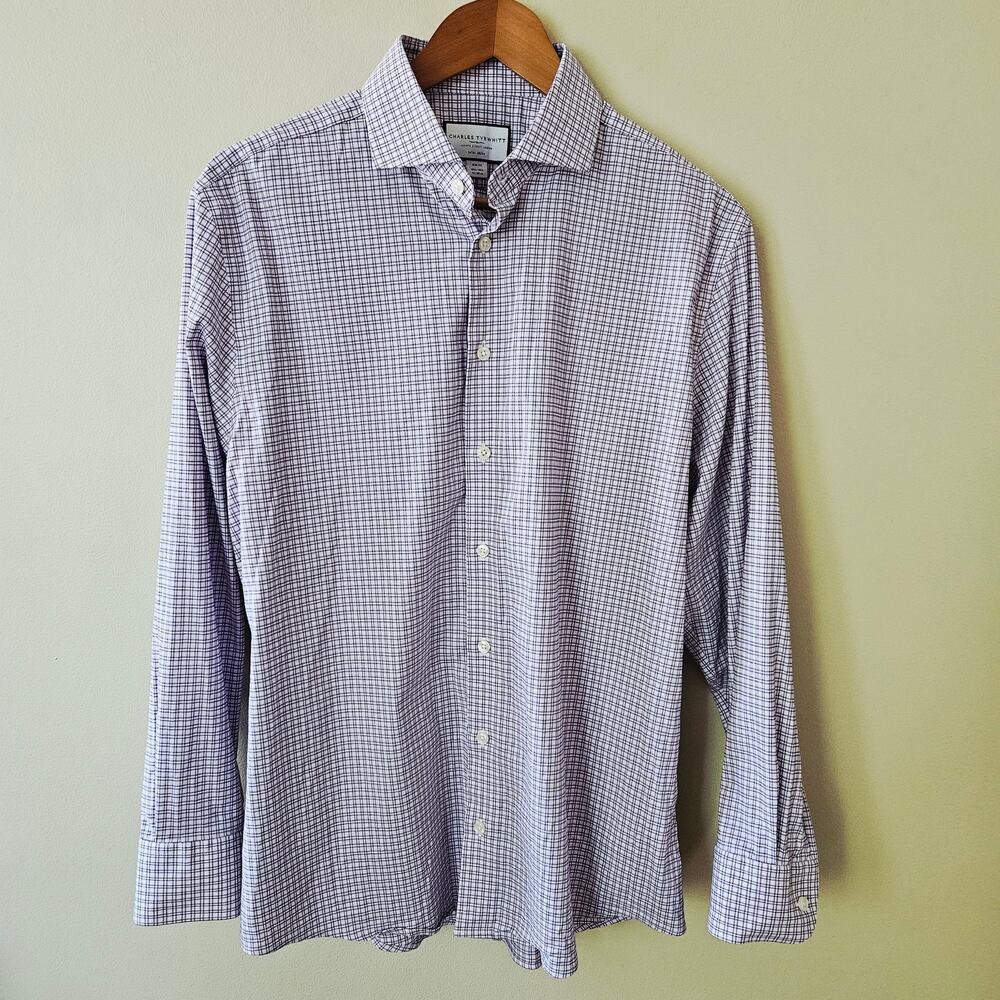 Charles Tyrwhitt Men's Non-Iron Button Down Shirt 16.5/34 Slim Fit Purple Career